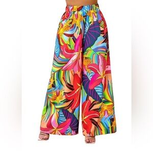 Bright Colorful Tropical Wide Leg Palazzo High Waisted Pants Women’s Large